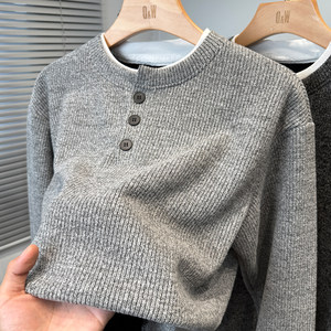 
Fake two-piece sweatshirt men's velvet thickened winter new youth Henry collar knitted sweater men's casual inner wear trend