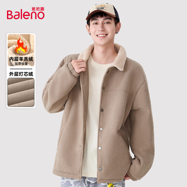 Baleno corduroy jacket men's winter plus velvet thickened warm jacket retro bar collar wind lapel top A