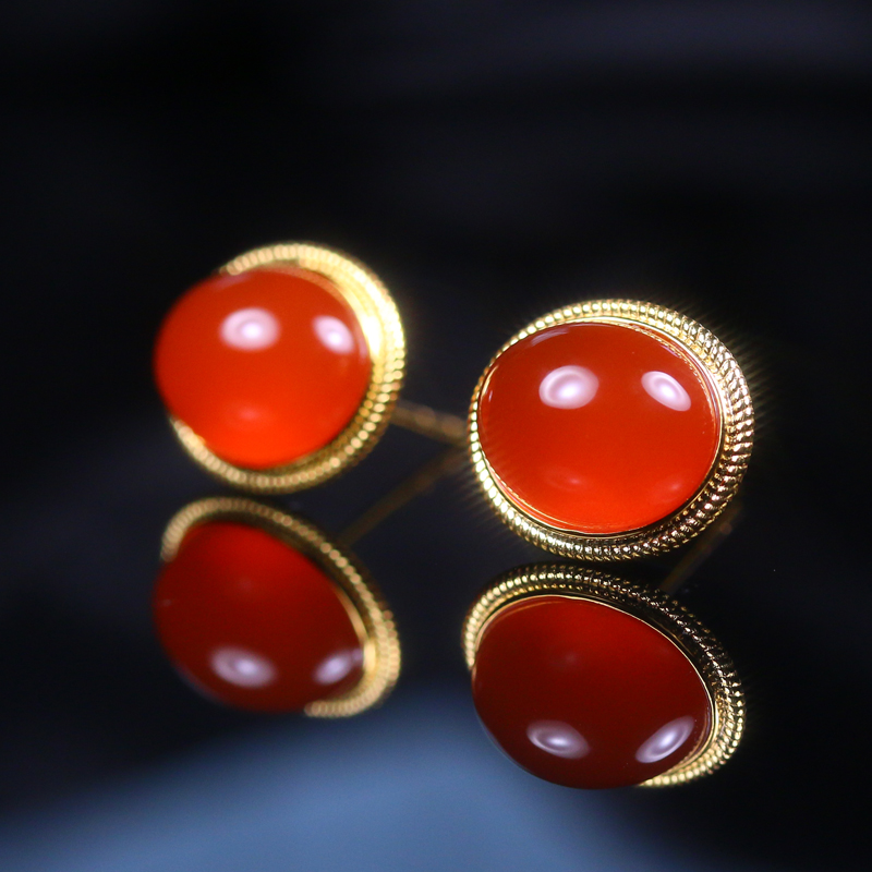 Baoshan South Red Agate Egg Face Stud Earrings Ice Red Stud Earrings For Women