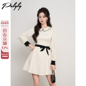 
French gentle style doll collar polka-dot long-sleeved dress for women autumn rich princess style bottoming A-line skirt