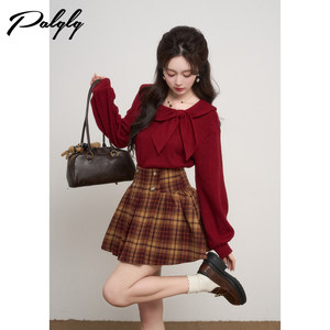 
Design niche round neck red pullover sweater women's autumn and winter high-end French knitted Christmas top