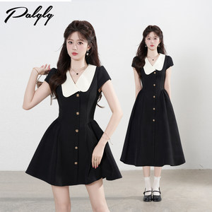 
Palglg French Hepburn style black short-sleeved dress women's summer high-end waist slimming A-line little black dress
