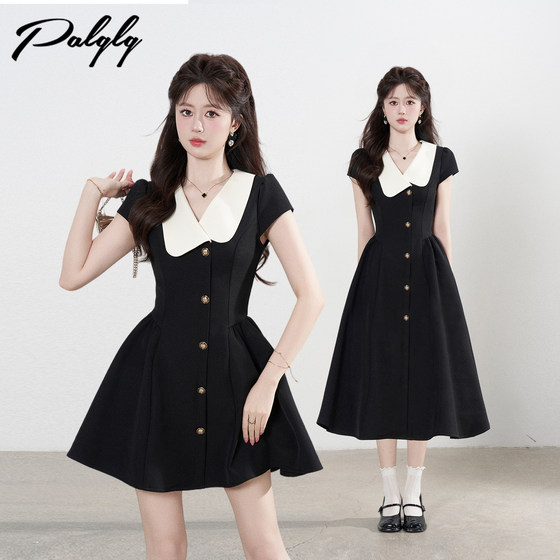 
Palglg French Hepburn style black short-sleeved dress women's summer high-end waist slimming A-line little black dress