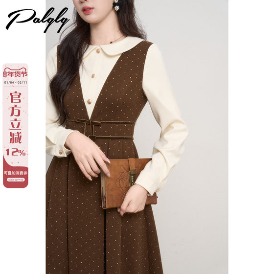 
Baby doll collar fake two-piece brown polka-dot dress for women in autumn and winter gentle style high-waist slimming bottoming knee-length skirt