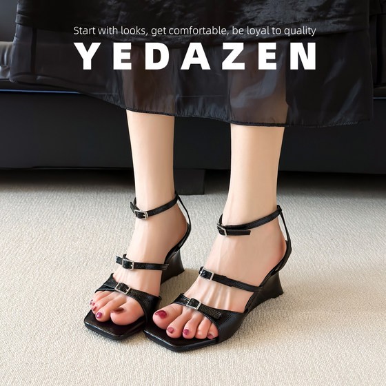 
2026 super hot and beautiful black Roman sandals for women summer wedge heels with French square toe snake pattern high heels