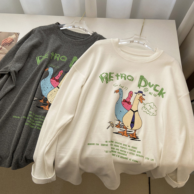 Ningbo Home. Cute cartoon duck print thickened grinding round neck long sleeve T-shirt for women 2025 spring loose base shirt