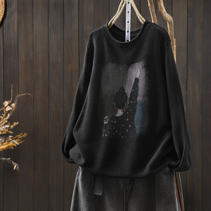 
Black sweater for women 2026 autumn and winter new cotton knitted versatile loose slimming inner design sweater