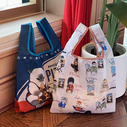 Japanese-Style Cartoon Shark Cat British Style Cute Printed Portable Foldable Eco-Friendly Bag Supermarket Grocery Shopping Tote Bag