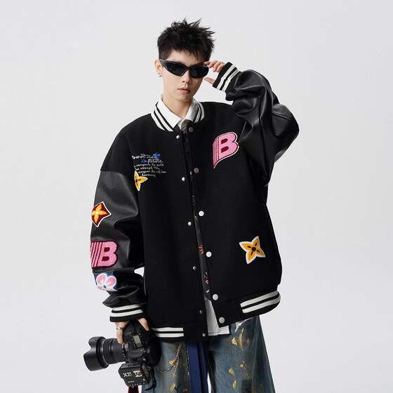 
American diamond-shaped broken star jacket men's winter trendy brand embroidered handsome design baseball uniform cotton jacket versatile couple jacket