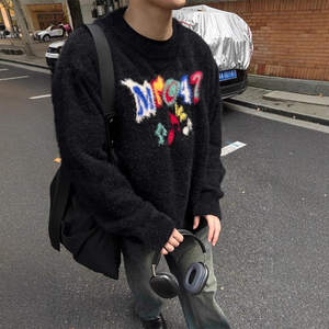 
American trendy brand letter jacquard imitation mink sweater for men soft waxy round neck pullover sweater fashion couple coat