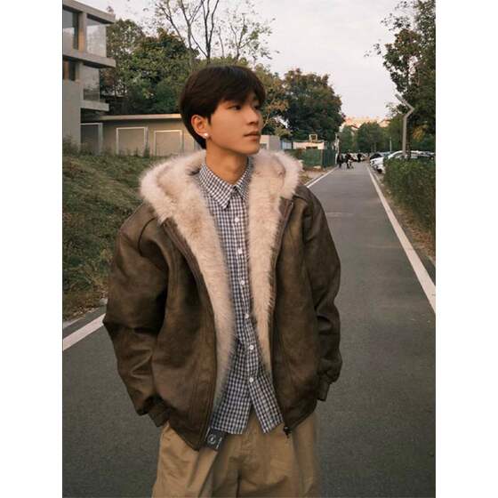 
Maillard Brown Brown Retro Fur Collar Cotton Clothes Men's Winter Warmth Atmosphere Couple Couple Thick Jackets Cotton Clothes