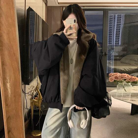 
New mink fur couple's mountain carving cotton jacket winter thickened jacket double-sided warm windproof jacket worn outside