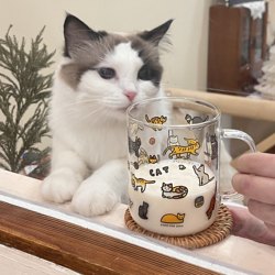 Korean Creative Cat and Dog Glass Cup with Handle and Straw, High Borosilicate Heat-Resistant, Beautiful Coffee Cup and Water Cup