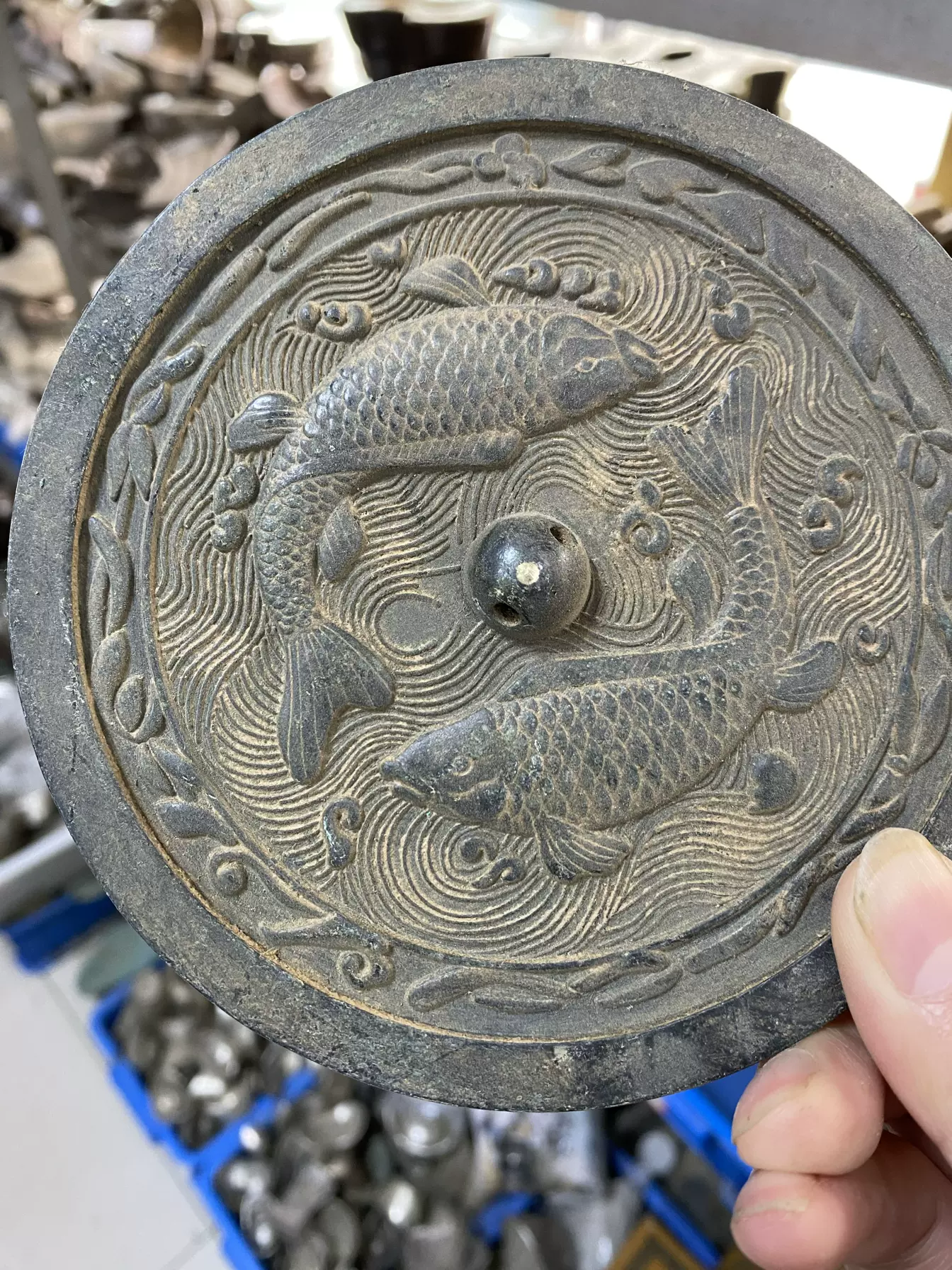 【 半両銭青銅象嵌 】　径24.6ｃｍ　骨董古玩 古玩铜镜收藏复古纯铜双鱼双凤古代铜镜青铜包浆
