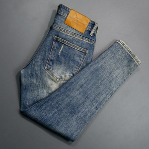 
Crispy Jeans Men's Korean New Retro Blue Trendy Cat Whisper Patch Old Stretch Slim Feet Pants