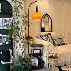 Floor Lamp with a Vintage Style, Integrated Bedside Table and Storage Shelf, Pomelo Lamp, Ambient Lighting for Living Room Next to Sofa, Fishing Lamp