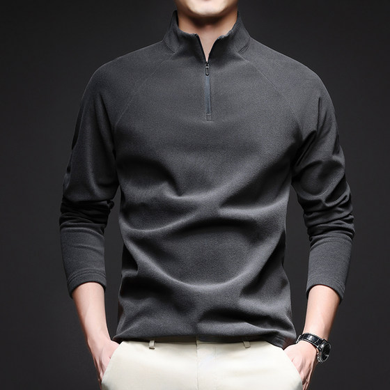 
秋冬季德绒男立领半拉链长袖t恤打底衫双面绒磨毛男装保暖内衣潮

