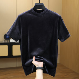 Gold velvet solid color half-high neck base shirt for men's autumn and winter inner clothes 2024 new mid-neck men's short-sleeved T-shirt
