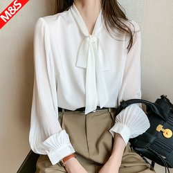 White Chiffon Blouse for Women 2026 New Style Professional Chic Light Luxury High-End Bow Tie Shirt Top Spring