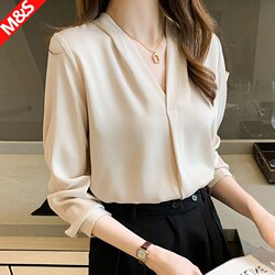 Satin Chiffon Shirt for Women, Suitable for Wearing under a Suit, with a High-End Feel, Spring and Autumn Professional V-Neck 2026 New Style Apricot Shirt