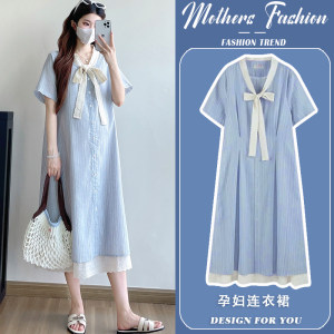 
Maternity dress summer 2026 new Korean style loose and sweet striped single-breasted lace fake two-piece mid-length style