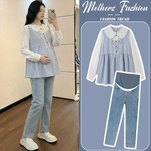 
Maternity suit spring and autumn 2026 new Korean style age-reducing blue splicing doll shirt top jeans two-piece set for women