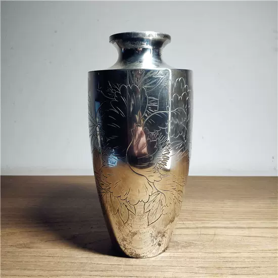 日本精品银花瓶美光刻盛花彫纹花瓶手工花器花插花入摆件家居饰品 