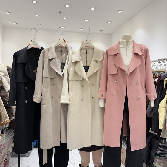 The treasure of the store! High-end bright silk double-sided cashmere wool double-breasted coat for women's jacket mid-length windbreaker top
