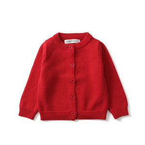 
Children's knitted cardigan red boy and girl baby sweater buttoned placket autumn and winter top round neck pure cotton small and medium-sized children