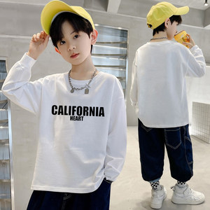 
Boys' pure cotton long-sleeved T-shirt, medium and large children's autumn Korean printed tops, children's handsome boys' loose T-shirts