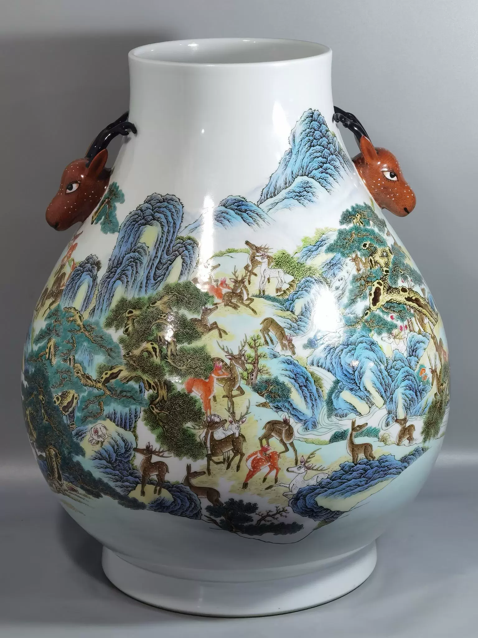 景德镇567厂货陶瓷建国瓷厂颜色釉豆青釉堆白花鸟冬瓜瓶花瓶收藏