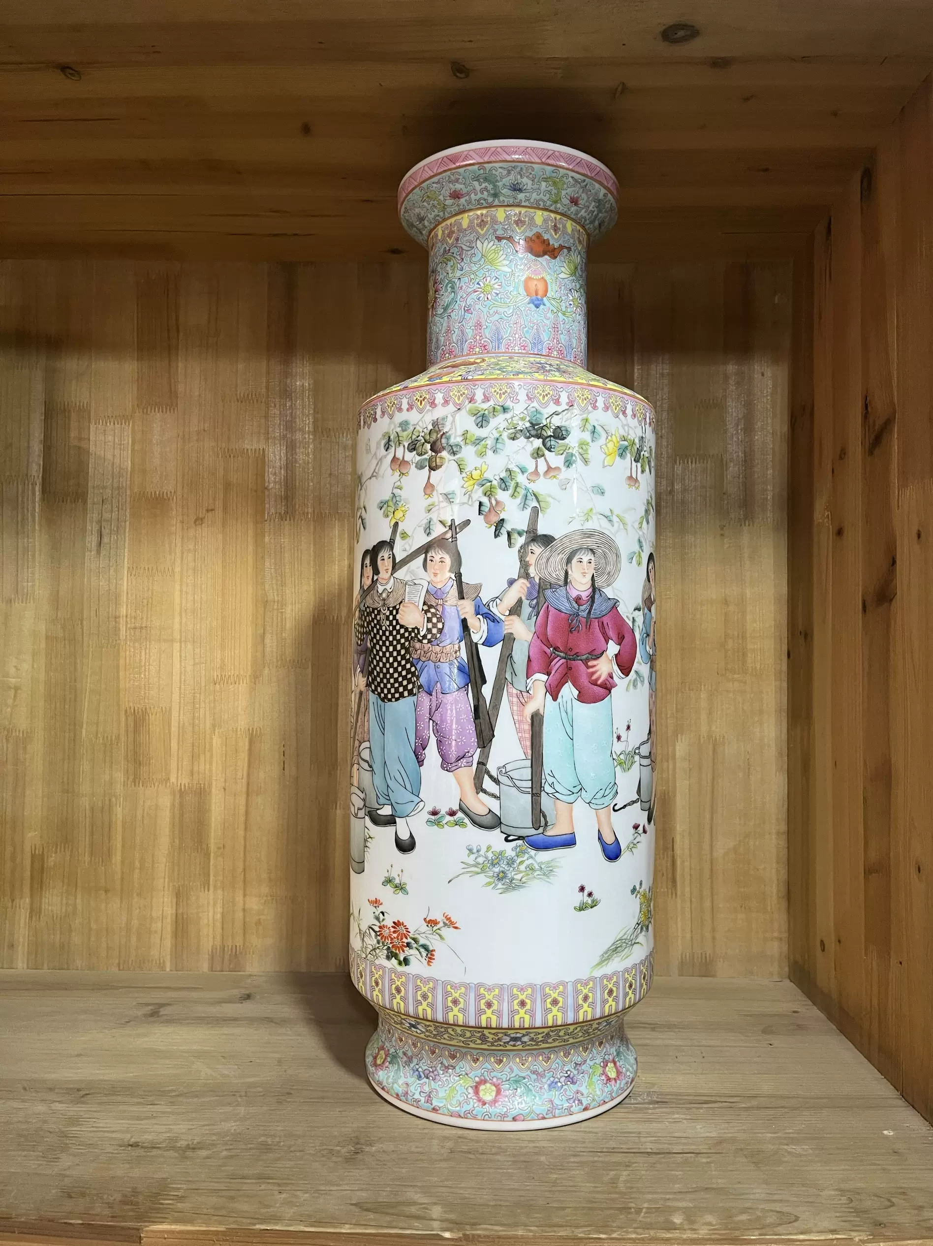 景德镇567厂货陶瓷建国瓷厂颜色釉豆青釉堆白花鸟冬瓜瓶花瓶收藏