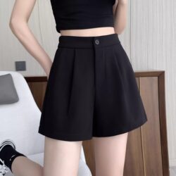 Black Suit-Style Wide-Leg Shorts for Women, Summer 2025 New Style, Elastic High-Waisted, Loose Fit, Petite A-Line Mid-Length Shorts