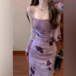 2026 Spring/Summer New French Style High-End Sexy Long Dress Purple Floral Strap Dress Two-Piece Set for Women