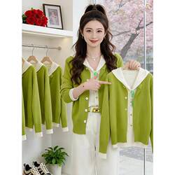 Green Fake Two-Piece Hooded Sweater Cardigan for Women 2026 New Autumn Fashion Outerwear Loose Knitwear for Women