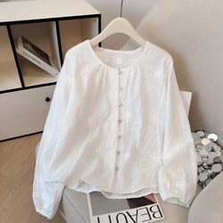 National Style Embroidered Long-Sleeved Shirt for Women, Spring Retro Style, Belly-Covering, Slimming Shirt, Pure Cotton White Shirt