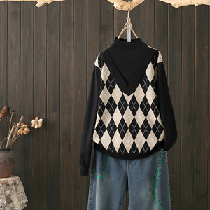 
Autumn and winter large size 200*0.5kg French retro diamond sweater for women lazy style loose half turtle neck fake two-piece sweater