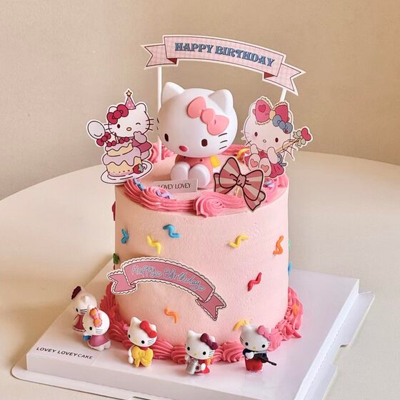 
Girls little girls children birthday cake decoration pink kt cat four color pink cat ornaments pink kitten insert card