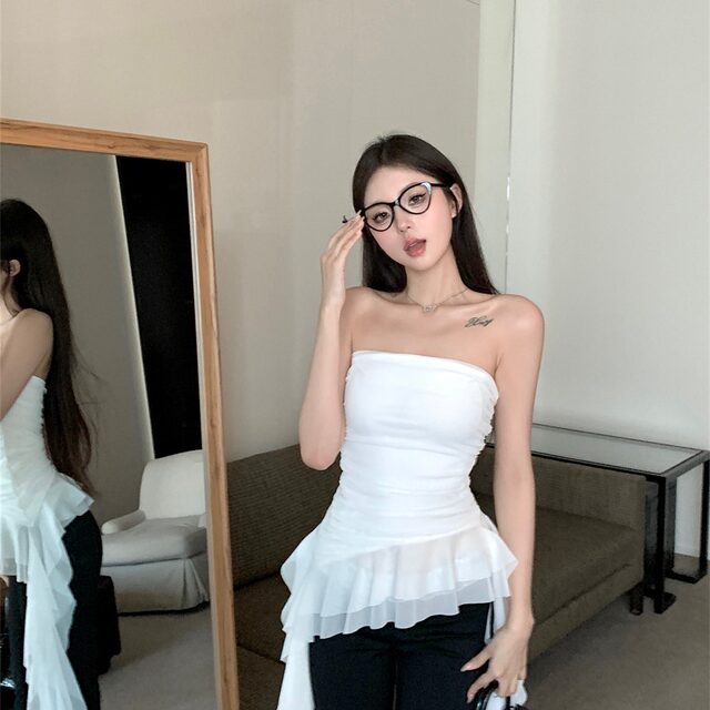 Spring new sexy pure and irregular ruffled ribbon design strapless girl solid color top for women
