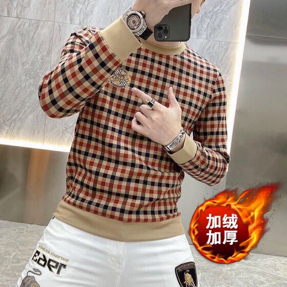 
European station autumn and winter high-end sweatshirt men's T-shirt long-sleeved velvet plaid embroidered top pullover bottoming shirt trendy men