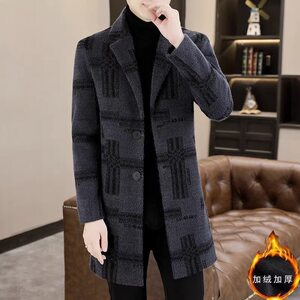 
New winter woolen coat for men, medium and long, fashionable and casual men's woolen coat plus velvet and windbreaker trendy brand
