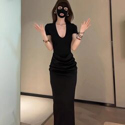 Black Elegant V-Neck Short-Sleeve Dress for Women, 2026 Summer New Style, Sexy Waist-Cinching Slim-Fit Bodycon Long Dress