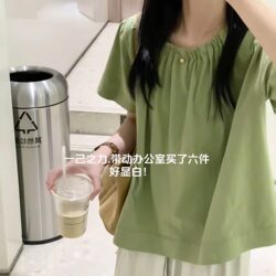 French-Style Green Linen Cotton Short-Sleeve Shirt for Women, Summer Back-Buttoned Babydoll Shirt, Blouse Top