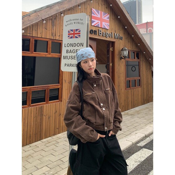 
American retro workwear style loose short motorcycle jacket for women 2025 autumn new style