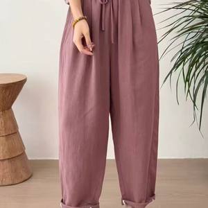 
100% Pure Linen Casual Pants Spring Simple Loose Versatile Solid Color Elastic High Waist Harem Pants Women L42