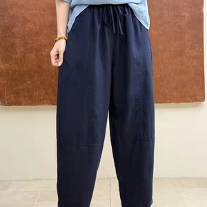 
Literary 100% linen fashionable personalized splicing casual pants solid color comfortable loose high waist harem pants T15