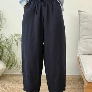 
Simple version of loose and versatile solid color lace-up high-waisted casual pants 100% pure linen retro literary harem pants M25