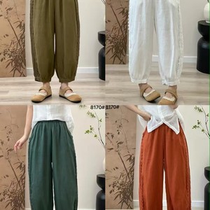 
Sweet pure linen side lace spliced casual pants for women's literary solid color loose and slim high-waisted harem pants D34
