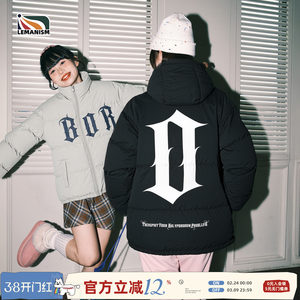 
lemanism American trendy letter printed stand collar cotton coat for men 2026 new couple style warm cotton coat for women