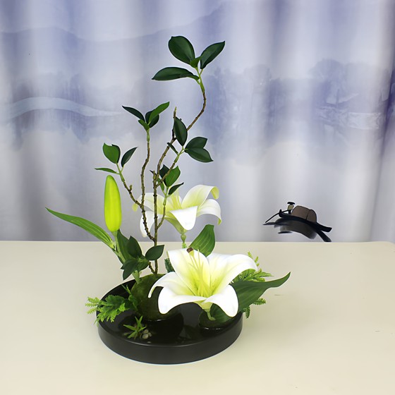 New Chinese-style round dining table with flower turntable in the middle decorative flower living room fake flower ornaments floral guest room bonsai flower counter